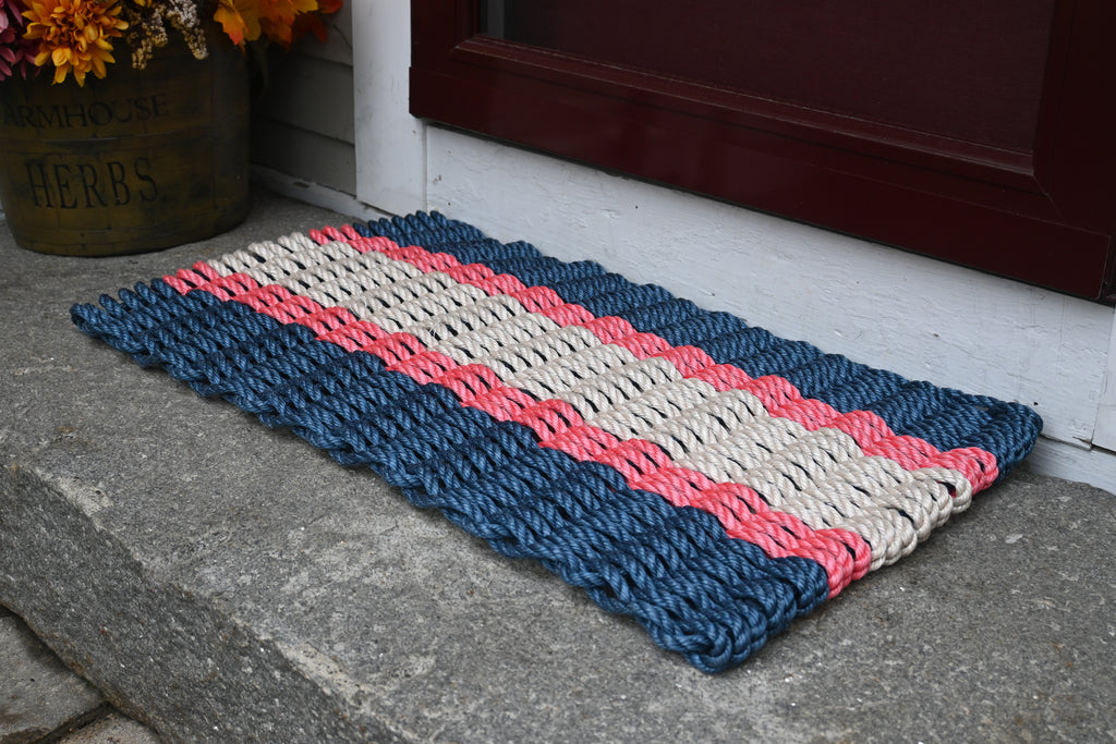 ON SALE Five Stripe Rope Mat Navy, Red, Light Tan Maine Rope Mats