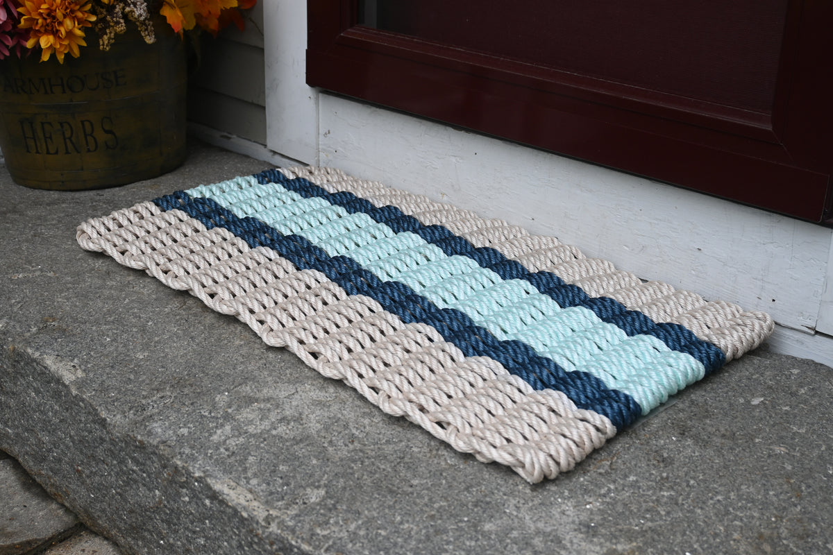Five Stripe Rope Mat Light Tan, Navy, Seafoam Maine Rope Mats