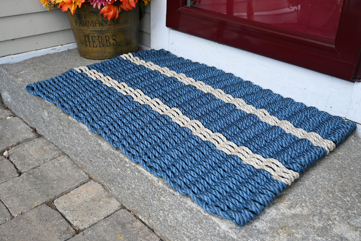 Five Stripe Rope Mat Navy, Dark Tan Maine Rope Mats