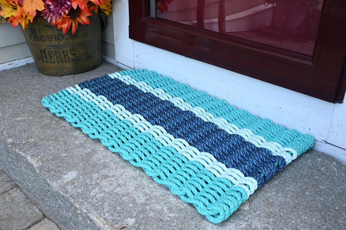 Five Stripe Rope Mat Teal, Seafoam, Navy Maine Rope Mats