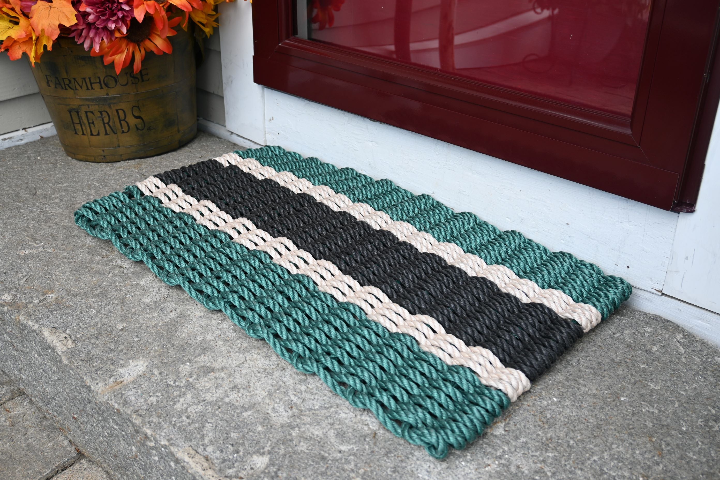 Five Stripe Rope Mat Dark Green, Light Tan, Black Maine Rope Mats