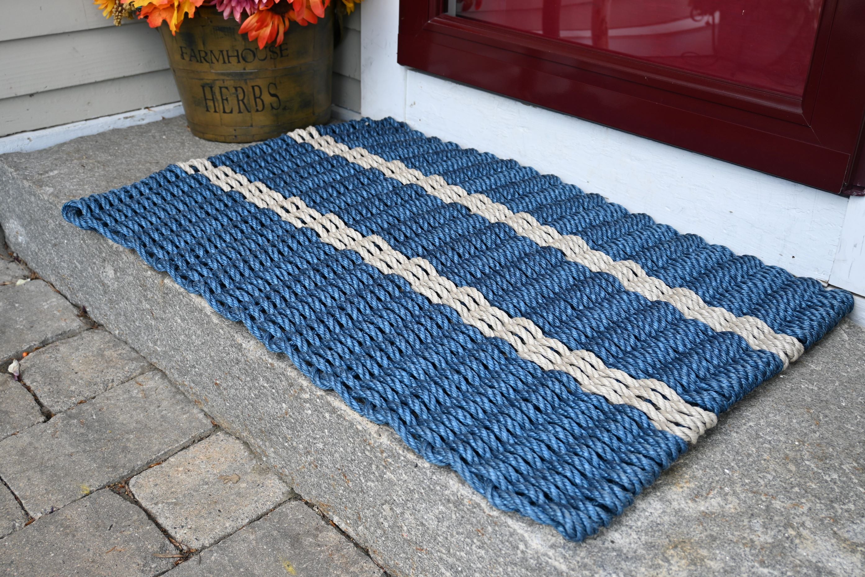 Lobster Rope Doormat, Made in Maine Rope Door Mat, Navy & Dark Tan